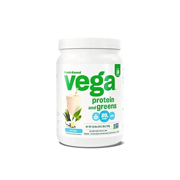 Proteína en polvo Vega Protein and Greens, vainilla - 20 g de proteína vegetal con verduras, vegana, sin OMG, proteína de guisante para mujeres y hombres, 1,2 lb (el envase puede v