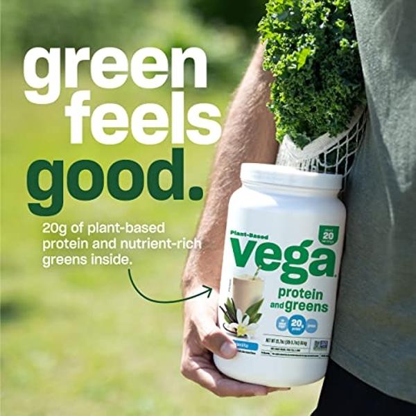 Proteína en polvo Vega Protein and Greens, vainilla - 20 g de proteína vegetal con verduras, vegana, sin OMG, proteína de guisante para mujeres y hombres, 1,2 lb (el envase puede v