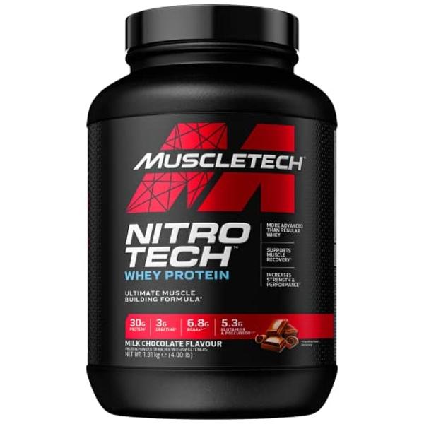 Proteína de suero en polvo Muscletech (chocolate con leche, 1,8 kg) - Fórmula Nitro-Tech para el desarrollo muscular con aislado de proteína de suero y péptidos - 30 g de proteína,