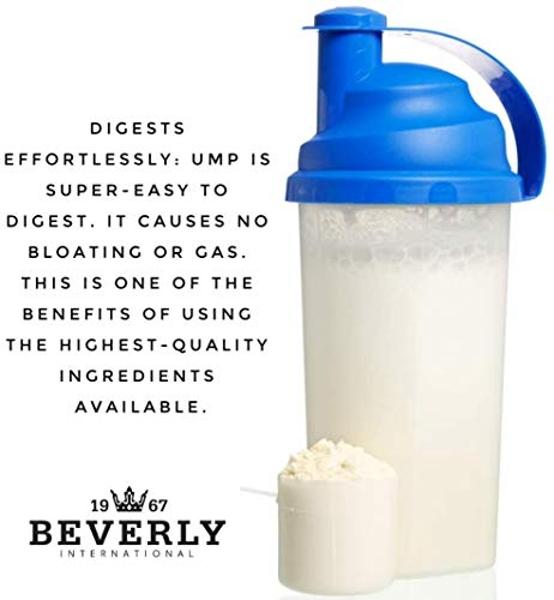 Proteína en polvo Beverly International UMP, sabor a galletas y crema. Su proporción única de suero de leche y caseína ayuda a desarrollar masa muscular magra. Fácil de digerir. No