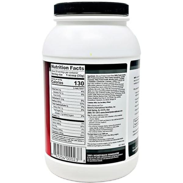 Proteína en polvo Beverly International UMP, sabor a galletas y crema. Su proporción única de suero de leche y caseína ayuda a desarrollar masa muscular magra. Fácil de digerir. No