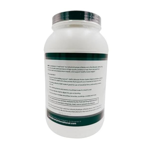 Proteína en polvo Beverly International UMP, sabor a galletas y crema. Su proporción única de suero de leche y caseína ayuda a desarrollar masa muscular magra. Fácil de digerir. No