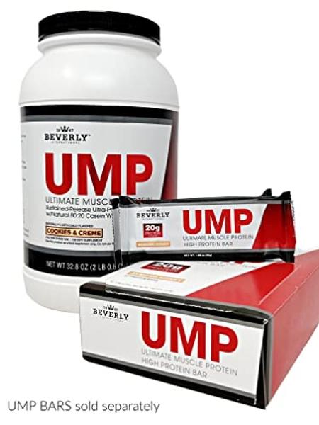 Proteína en polvo Beverly International UMP, sabor a galletas y crema. Su proporción única de suero de leche y caseína ayuda a desarrollar masa muscular magra. Fácil de digerir. No
