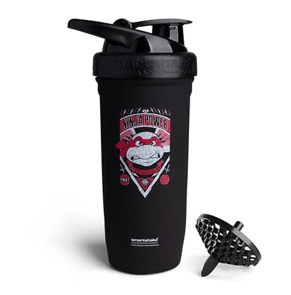 Botella mezcladora de proteínas Smartshake TMNT Ninja Power Reforce de acero inoxidable (900 ml | 30 oz) - Tapa de rosca antifugas - Sin BPA - Unisex - Sin aislamiento - Negra