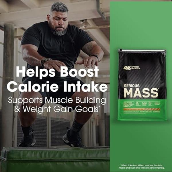 Optimum Nutrition Serious Mass, proteína en polvo para ganar peso, con vitamina C y zinc para fortalecer el sistema inmunitario, creatina, sabor a chocolate y mantequilla de cacahu