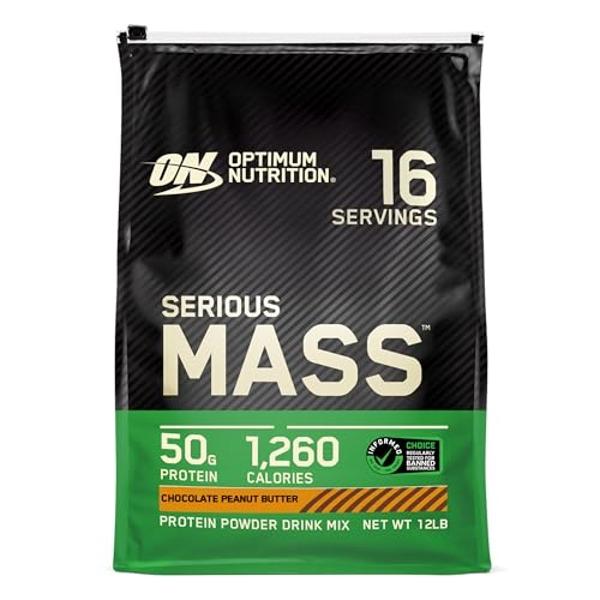 Optimum Nutrition Serious Mass, proteína en polvo para ganar peso, con vitamina C y zinc para fortalecer el sistema inmunitario, creatina, sabor a chocolate y mantequilla de cacahu