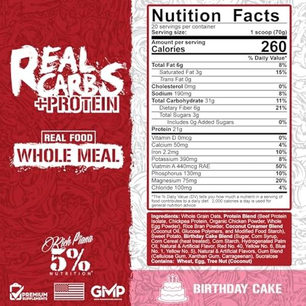 Piana Real Carbs + Protein, 5 % de nutrición | Proteína en polvo para reemplazar comidas, ideal para ganar masa muscular | Carbohidratos para la recuperación pre-entrenamiento/post