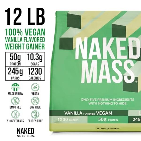NAKED Vegan Mass - Ganador de peso vegano de vainilla - 1230 calorías, sin OMG, sin soja ni gluten, sin ingredientes artificiales - 5,5 kg a granel - 17 porciones