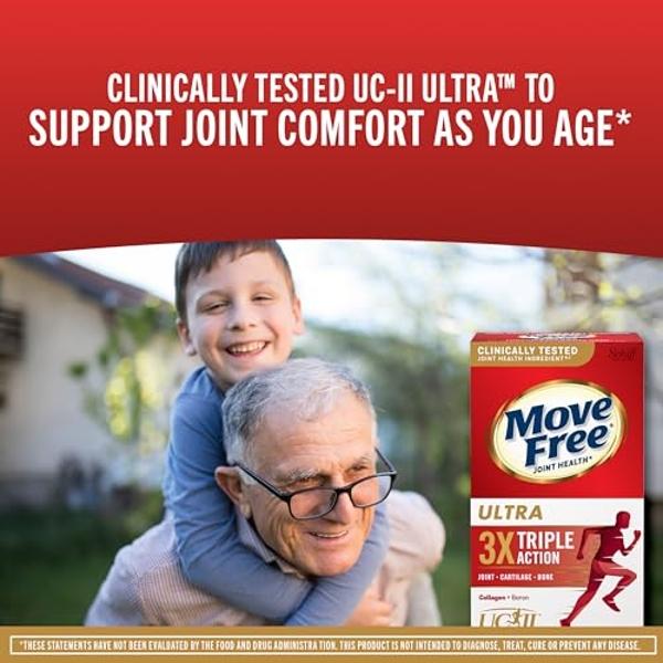 Suplemento para el bienestar articular Move Free Ultra de triple acción (colágeno tipo II, boro y ácido hialurónico). Favorece la comodidad de las articulaciones, el cartílago y lo