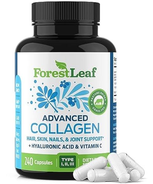 Pastillas multicolágeno ForestLeaf - Colágeno para hombres y mujeres - Suplementos de colágeno hidrolizado con vitamina C y ácido hialurónico - Cápsulas de colágeno para cabello, p
