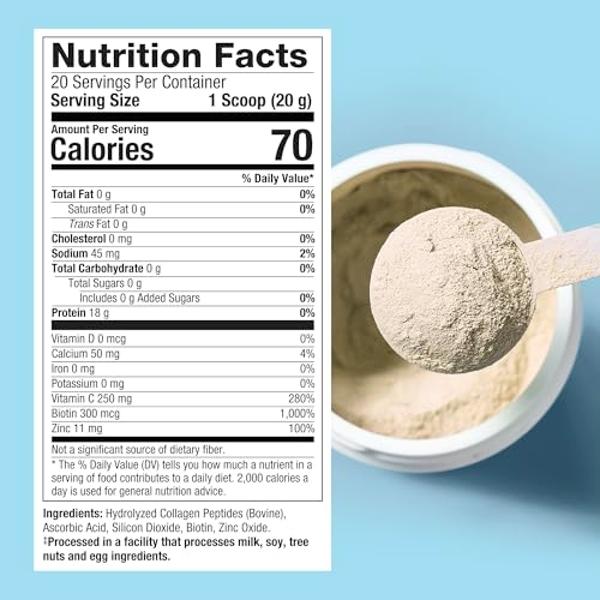 Colágeno en polvo Purely Inspired, sin sabor (20 porciones) - 20 g de péptidos de colágeno en polvo para mujeres y hombres - Alimentado con pasto y criado en pasturas - Bebida de c