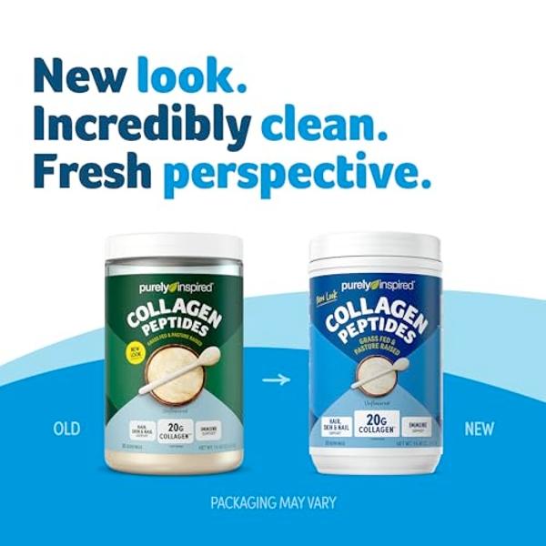 Colágeno en polvo Purely Inspired, sin sabor (20 porciones) - 20 g de péptidos de colágeno en polvo para mujeres y hombres - Alimentado con pasto y criado en pasturas - Bebida de c