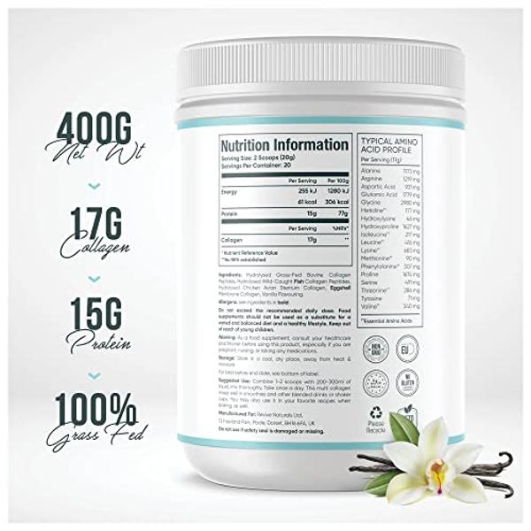 Proteína multicolágeno Revive Naturals sabor vainilla - 400 g - Sin azúcar - 5 tipos de péptidos de colágeno - Hidrolizado de bovinos alimentados con pasto, pollos marinos capturad