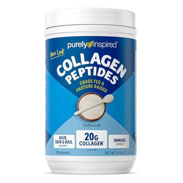 Colágeno en polvo Purely Inspired, sin sabor (20 porciones) - 20 g de péptidos de colágeno en polvo para mujeres y hombres - Alimentado con pasto y criado en pasturas - Bebida de c