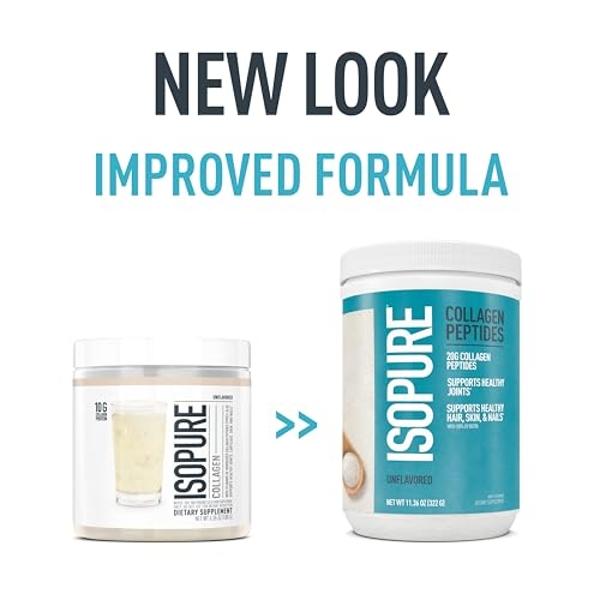 Péptidos de colágeno en polvo Isopure, sin lactosa ni gluten, con vitamina C, sin sabor, 20 g de péptidos de colágeno por ración, 315 g, 14 raciones