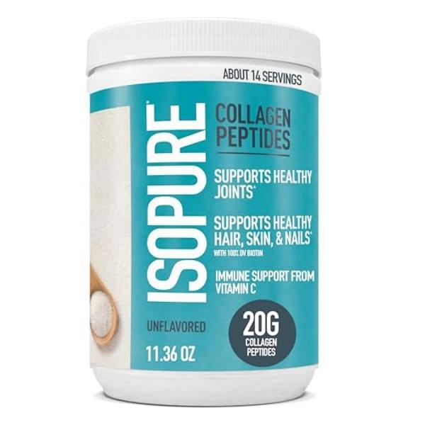 Péptidos de colágeno en polvo Isopure, sin lactosa ni gluten, con vitamina C, sin sabor, 20 g de péptidos de colágeno por ración, 315 g, 14 raciones