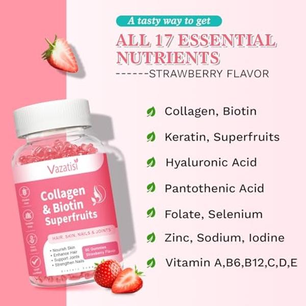 Paquete de 2 gomitas de colágeno sin azúcar para mujeres y hombres, gomitas con péptidos de colágeno multitipo I, II, III, V y X con biotina y vitaminas A, B, C, D y E para cabello