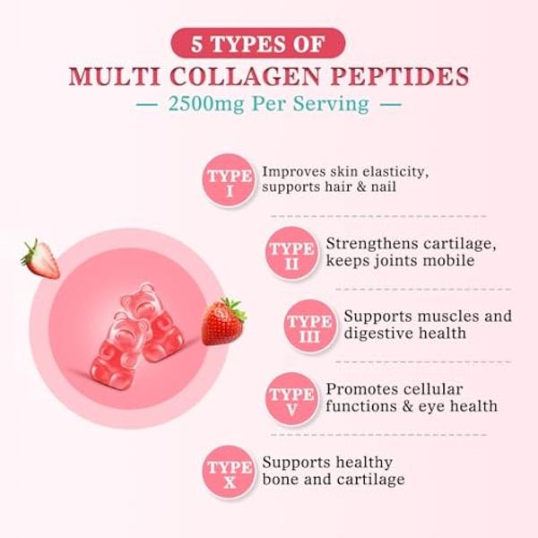 Paquete de 2 gomitas de colágeno sin azúcar para mujeres y hombres, gomitas con péptidos de colágeno multitipo I, II, III, V y X con biotina y vitaminas A, B, C, D y E para cabello