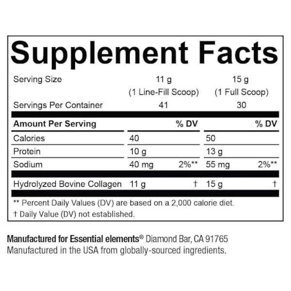 Colágeno hidrolizado en polvo Essential Elements: fortalece las articulaciones, la piel, el cabello y las uñas | Péptidos de tipo I y III | Sin conservantes, de animales alimentado