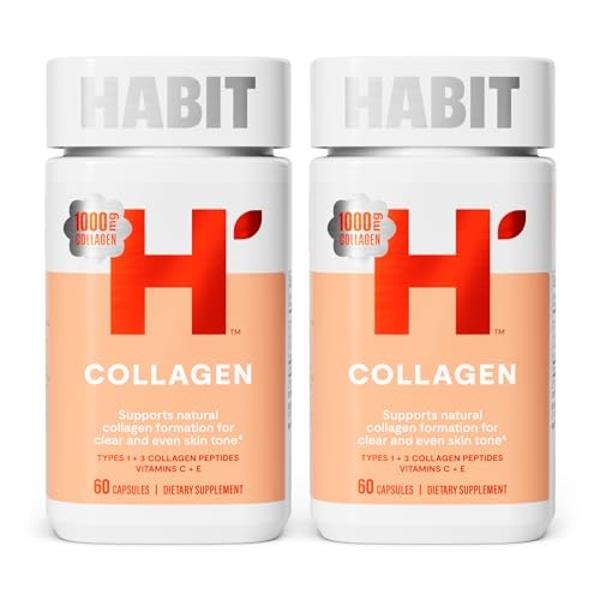 Suplemento de colágeno Habit (paquete de 2, 120 cápsulas) - Nueva imagen, 2000 mg de péptidos de colágeno, vitaminas C y E, salud cutánea, antioxidantes, sin OMG ni gluten.
