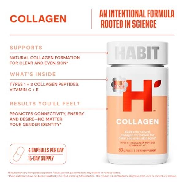 Suplemento de colágeno Habit (paquete de 2, 120 cápsulas) - Nueva imagen, 2000 mg de péptidos de colágeno, vitaminas C y E, salud cutánea, antioxidantes, sin OMG ni gluten.
