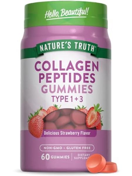 Gomitas de péptidos de colágeno Nature's Truth para mujeres | 60 unidades para tipos 1 y 3 | Sabor a fresa | Suplemento sin OMG ni gluten