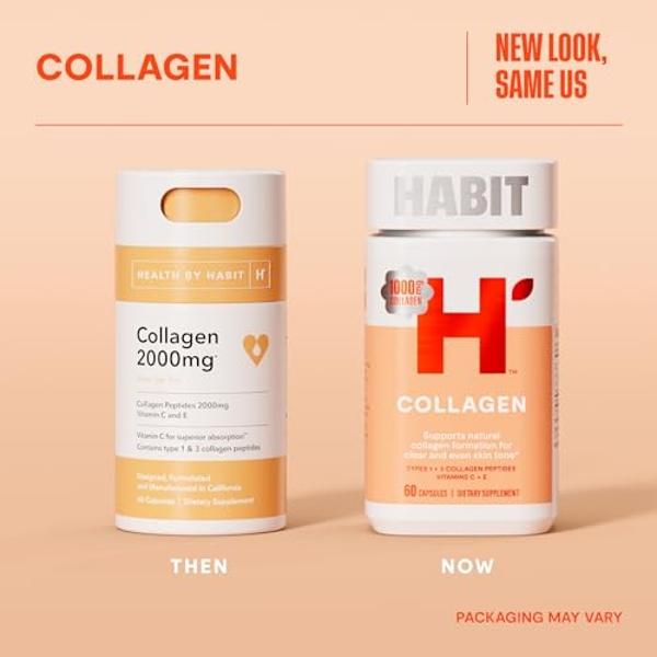 Suplemento de colágeno Habit (paquete de 2, 120 cápsulas) - Nueva imagen, 2000 mg de péptidos de colágeno, vitaminas C y E, salud cutánea, antioxidantes, sin OMG ni gluten.