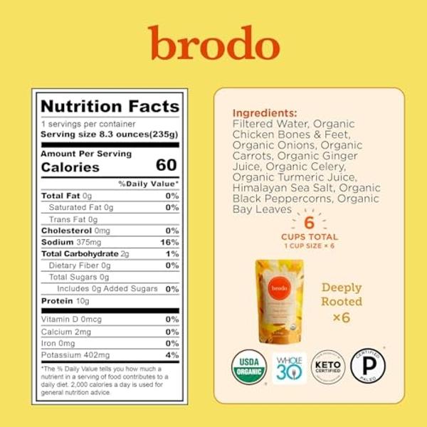 Caldo de Hueso de Pollo Orgánico Brodo, Caldo de Hueso Rico en Proteínas con Colágeno, Caldo de Pollo Nutritivo Bajo en Sodio para Tomar y Cocinar, Cocinado a Fuego Lento para un S