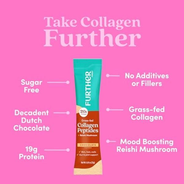 Paquetes de péptidos de colágeno en polvo de chocolate Further Food, proteína hidrolizada de tipo 1 y 3, alimentada con pasto, para la salud intestinal, articulaciones, cabello, pi