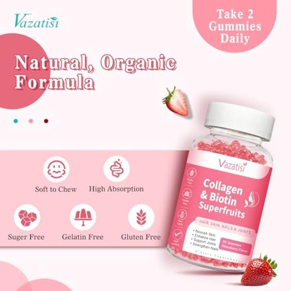 Paquete de 2 gomitas de colágeno sin azúcar para mujeres y hombres, gomitas con péptidos de colágeno multitipo I, II, III, V y X con biotina y vitaminas A, B, C, D y E para cabello