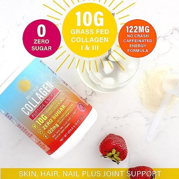 SOBRE TU COLÁGENO Colágeno en polvo Peptide Energy para cabello, uñas y piel, tipo I y III. Cafeína para energía, vitamina C, biotina, ácido hialurónico, cero azúcar. 8.92 oz (Marg