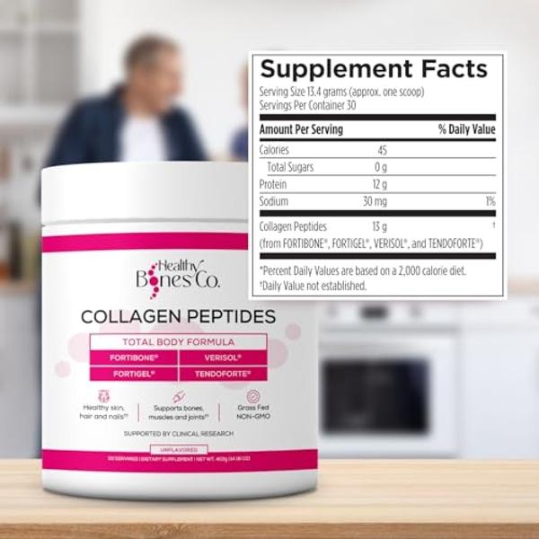 Péptidos de colágeno FORTIBONE Premium para la salud ósea con Fortigel, Verisol y Tendoforte, clínicamente respaldados para huesos, articulaciones, piel, cabello y uñas, colágeno h