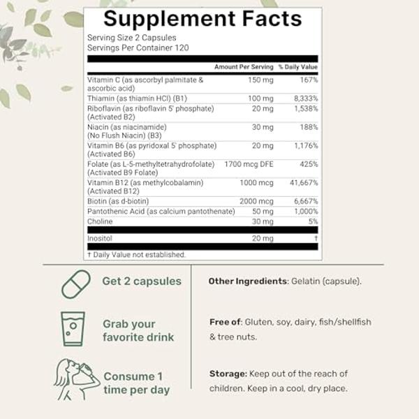 Complejo B metilado puro para mujeres y hombres | 240 cápsulas con vitamina C de alta absorción | 11 en 1 con vitaminas B12, tiamina, folato + inositol, colina y más | Solo ingredi