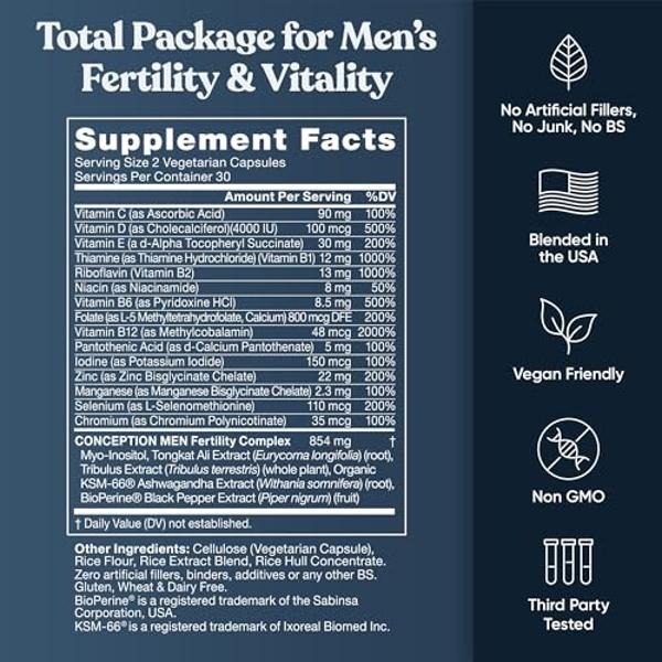 Conception For Him – Suplementos de fertilidad para hombres, potenciador de la fertilidad masculina y prenatal – Recuento óptimo de espermatozoides, mejora la motilidad – Ashwagand