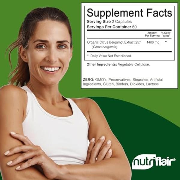 Bergamota cítrica orgánica NutriFlair 1400 mg, 120 cápsulas - 25:1 de bergamota cítrica - Aceite esencial y bioflavonoides cítricos - Suplementos naturales para la salud cardiovasc