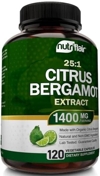 Bergamota cítrica orgánica NutriFlair 1400 mg, 120 cápsulas - 25:1 de bergamota cítrica - Aceite esencial y bioflavonoides cítricos - Suplementos naturales para la salud cardiovasc