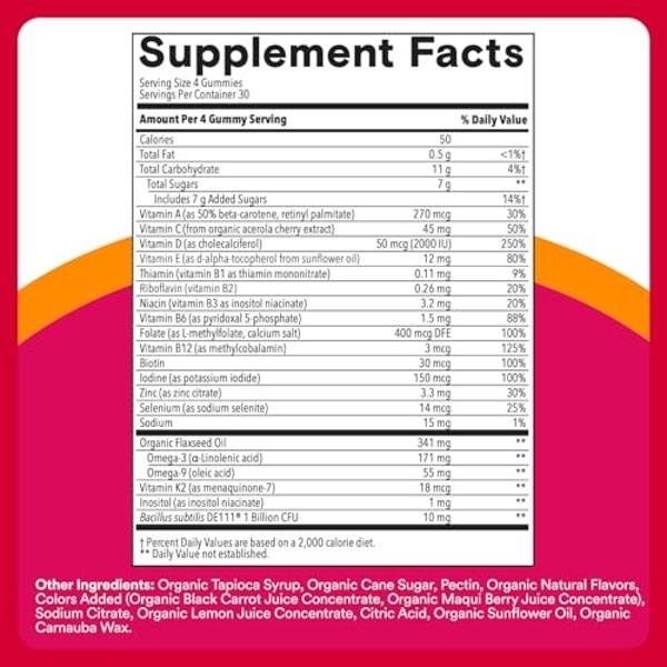 Gomitas multivitamínicas orgánicas SmartyPants para mujeres: biotina, probióticos, metilfolato, omega 3 (ALA), vitaminas D3, C, B12, B6, A, K y zinc, inositol, sin gluten, 120 unid