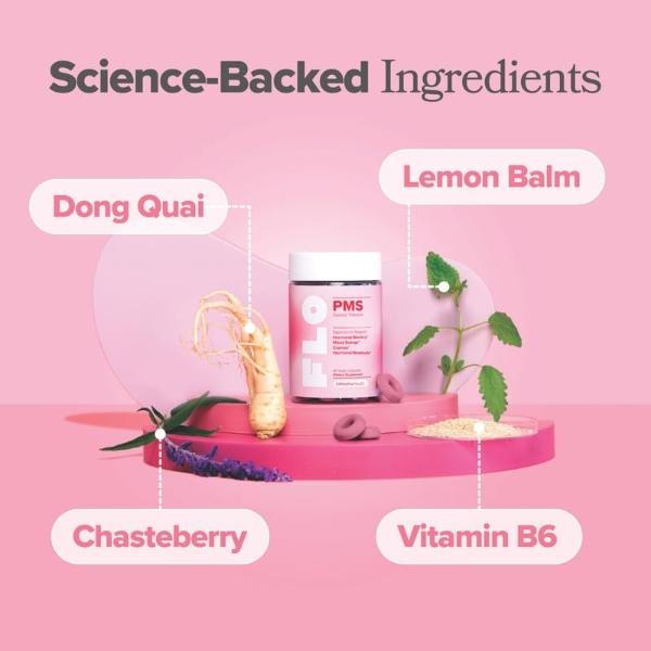 Gomitas O Positiv FLO PMS para mujeres - Alivio proactivo del síndrome premenstrual - Combate brotes hormonales, hinchazón, calambres y cambios de humor con sauzgatillo, vitamina B