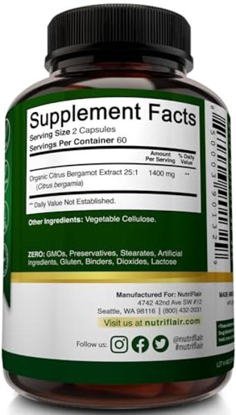 Bergamota cítrica orgánica NutriFlair 1400 mg, 120 cápsulas - 25:1 de bergamota cítrica - Aceite esencial y bioflavonoides cítricos - Suplementos naturales para la salud cardiovasc