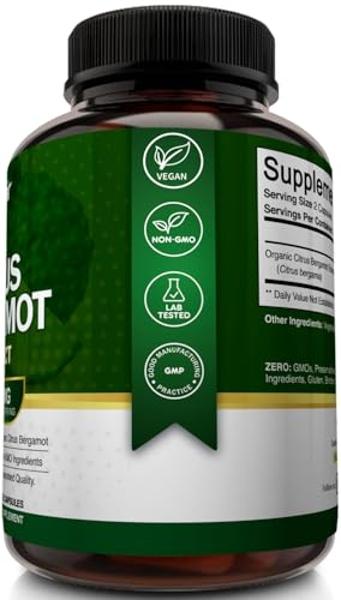 Bergamota cítrica orgánica NutriFlair 1400 mg, 120 cápsulas - 25:1 de bergamota cítrica - Aceite esencial y bioflavonoides cítricos - Suplementos naturales para la salud cardiovasc