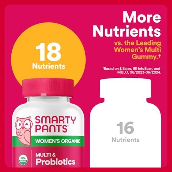 Gomitas multivitamínicas orgánicas SmartyPants para mujeres: biotina, probióticos, metilfolato, omega 3 (ALA), vitaminas D3, C, B12, B6, A, K y zinc, inositol, sin gluten, 120 unid