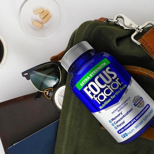 Focus Factor Adultos Extra Fuerte, 120 Unidades - Suplemento para la memoria, la concentración y la concentración - DMAE, vitamina D, DHA - Suplemento para la salud cerebral - Fórm