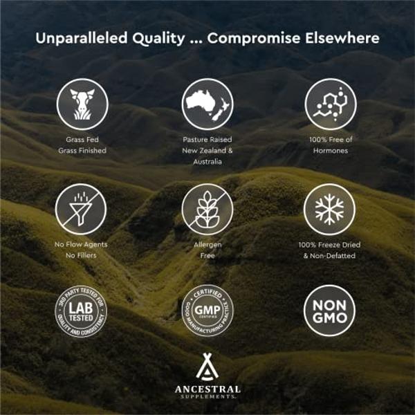 Suplemento de placenta de animales alimentados con pasto con hígado de Ancestral Supplements. Contiene vitaminas posparto para mujeres en período de lactancia. Favorece el alivio d