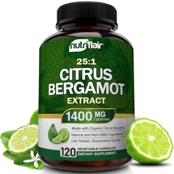 Bergamota cítrica orgánica NutriFlair 1400 mg, 120 cápsulas - 25:1 de bergamota cítrica - Aceite esencial y bioflavonoides cítricos - Suplementos naturales para la salud cardiovasc