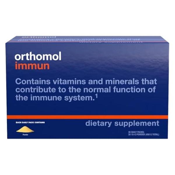 Orthomol Immun Powder, suplemento para el sistema inmunitario, suministro para 30 días, vitaminas A, B, C, D, E, zinc y yodo