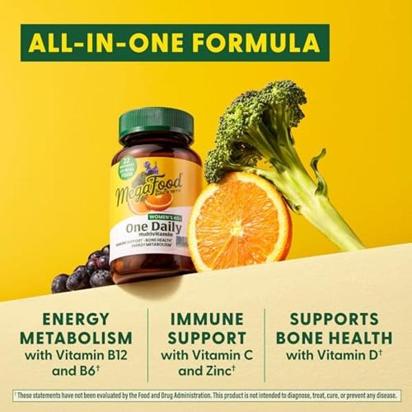 Multivitamínico diario MegaFood para mujeres mayores de 40 años: con vitaminas B12, B6, C, D, zinc y hierro, además de alimentos de origen natural. Refuerzo inmunitario. Salud ósea