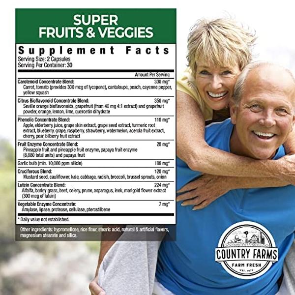 Cápsulas de Super Frutas y Verduras COUNTRY FARMS, Suplemento Alimenticio Integral, Potente Antioxidante, Favorece la Energía, la Salud Inmunitaria y la Digestiva, 30 Super Aliment