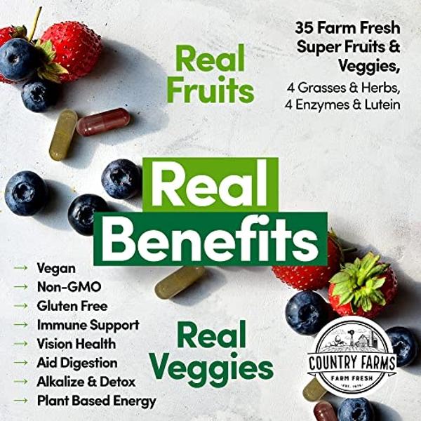 Cápsulas de Super Frutas y Verduras COUNTRY FARMS, Suplemento Alimenticio Integral, Potente Antioxidante, Favorece la Energía, la Salud Inmunitaria y la Digestiva, 30 Super Aliment