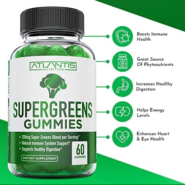 Gomitas Supergreens de Atlantis Nutrition: suplemento diario de superalimentos verdes con espinaca, brócoli, moringa, remolacha, apio, té verde y açaí para reforzar el sistema inmu