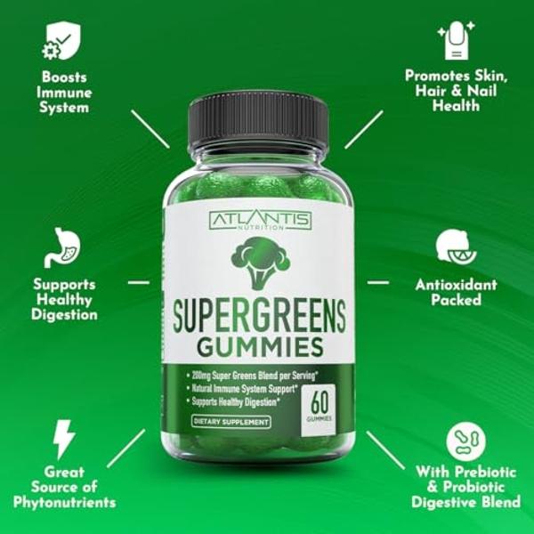 Gomitas Supergreens de Atlantis Nutrition: suplemento diario de superalimentos verdes con espinaca, brócoli, moringa, remolacha, apio, té verde y açaí para reforzar el sistema inmu